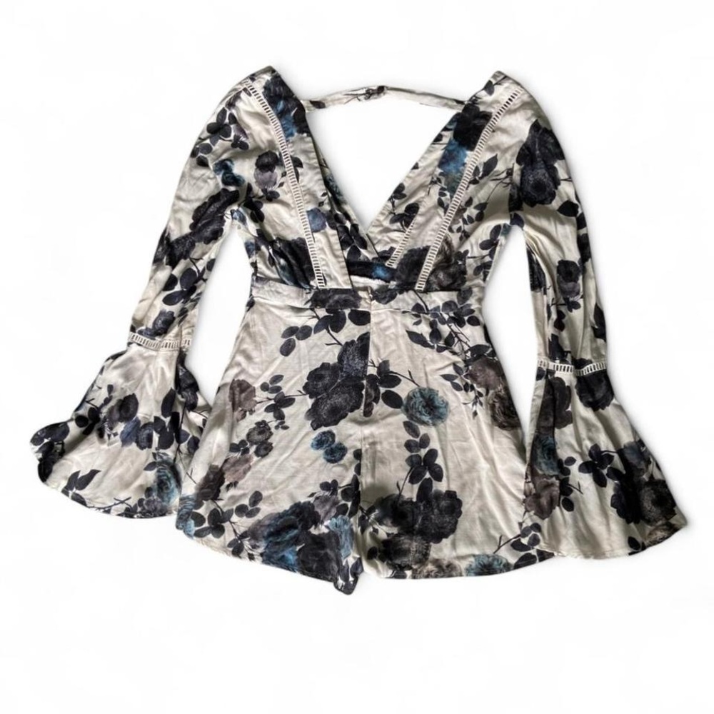 Floral Velvet Deep-V Romper with Bell Sleeves - Cream & Black